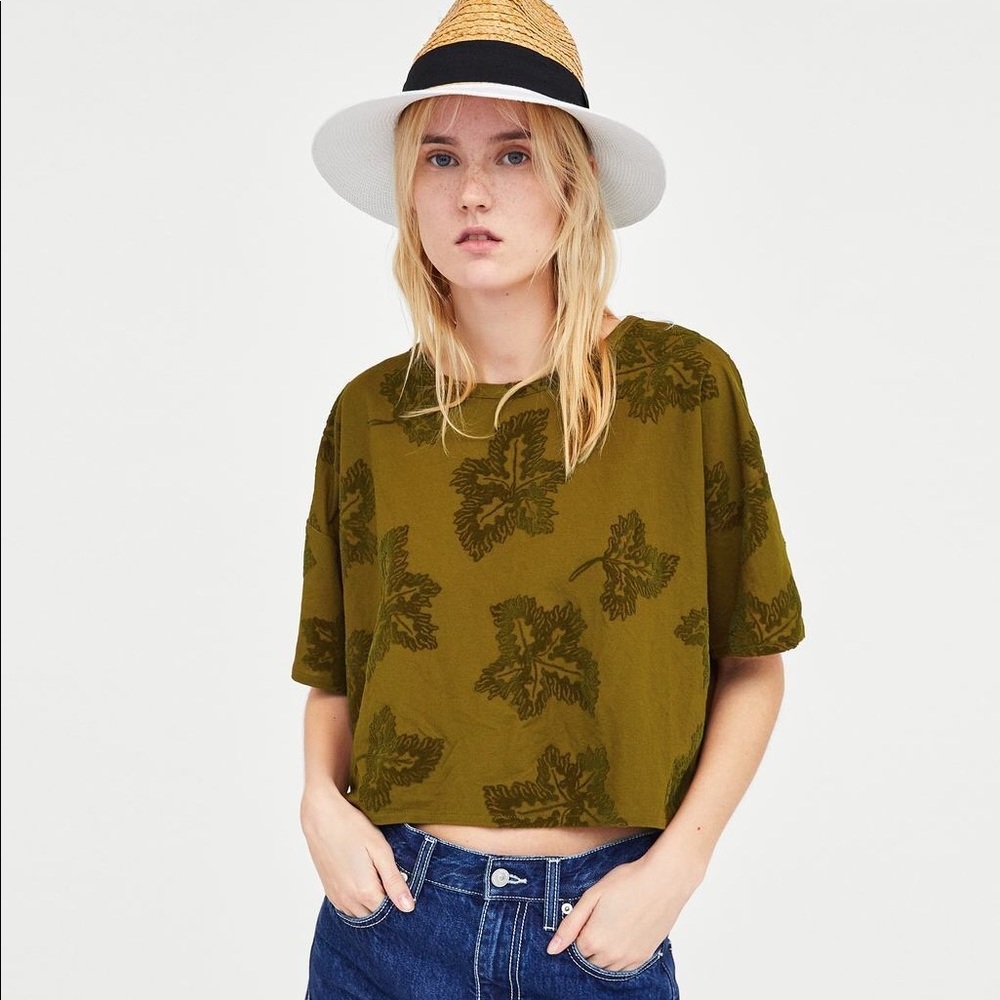 Zara crop tee with velvet leaf pattern NWOT